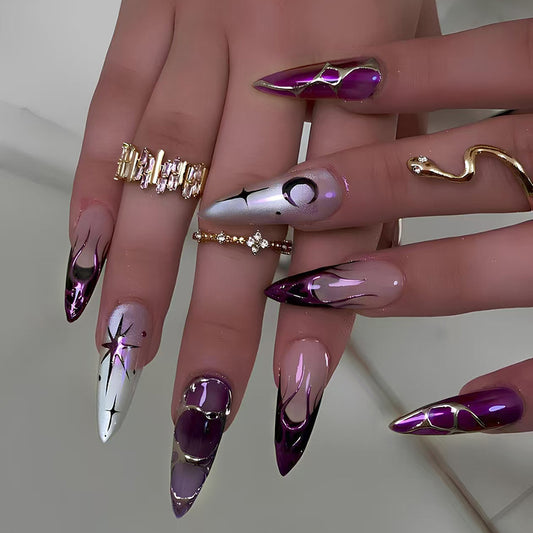 Mystical Twilight Long Stiletto Press On Nails in Shimmering Purple with Iridescent Accent Features