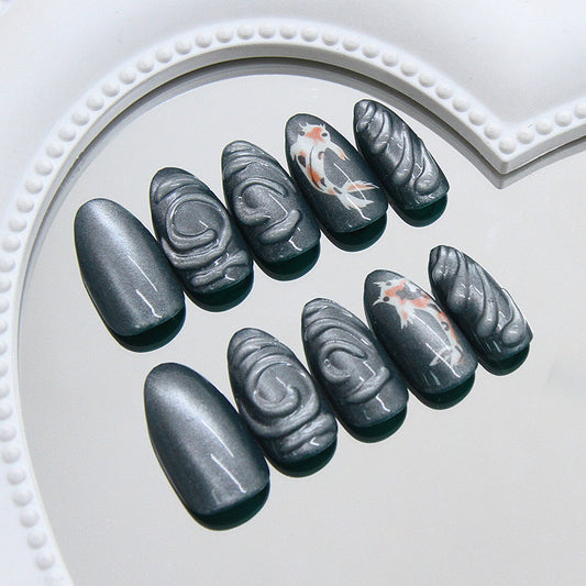 Koi Garden Mystique Medium Almond Gray Press On Nail Set with Intricate Water Design