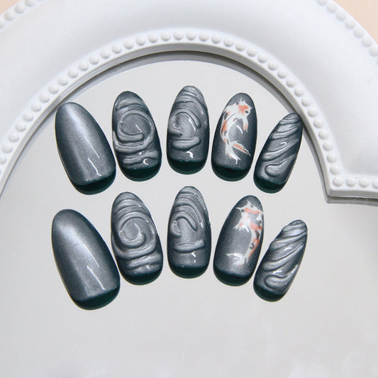 Serene Water Garden Gray Medium Almond Shaped Press On Nail Set with Unique Koi Fish Design