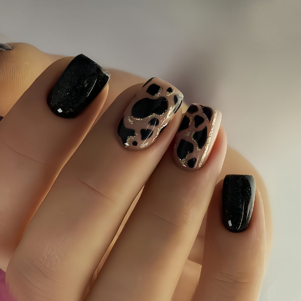 Safari Chic Glossy Short Square Black and Beige Leopard Print Press On Nail Set