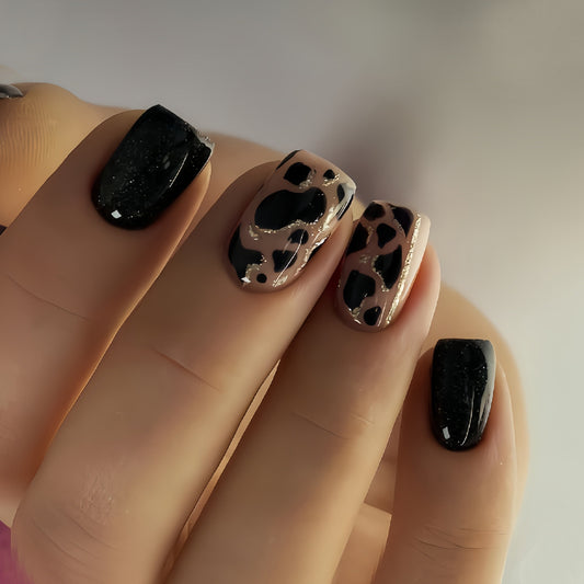 Safari Chic Glossy Short Square Black and Beige Leopard Print Press On Nail Set