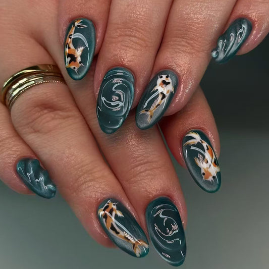 Aquatic Dream Ombre Medium Almond Green Nail Set with Intricate Koi Fish Detailing