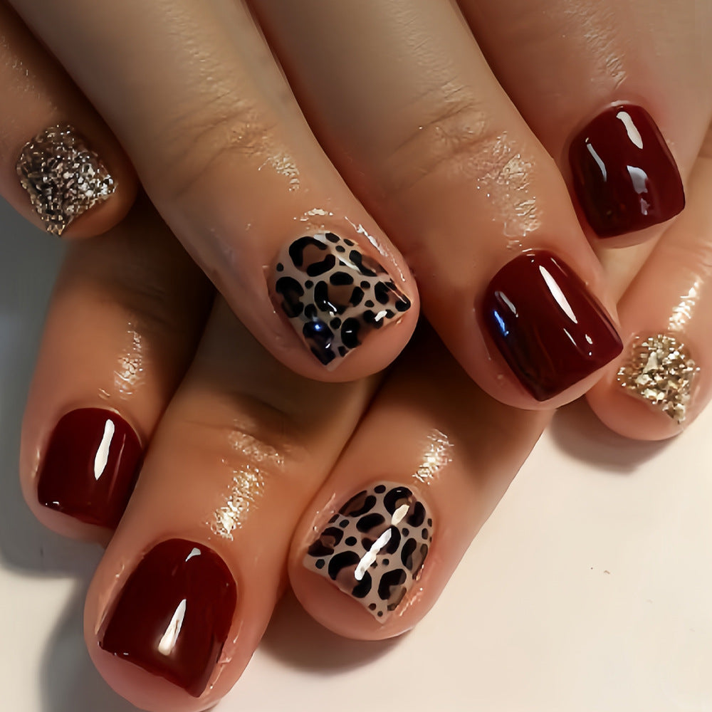 Wild Jungle Temptation Short Square Length Deep Red Glossy Finish with Bold Animal Print and Sparkling Accents Press-On Nail Set