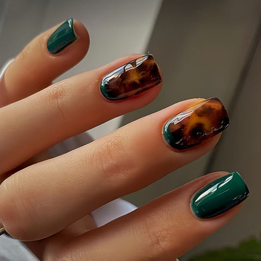 Autumn Forest Inspired Short Square Green and Brown Press On Nail Set with Glossy Finish