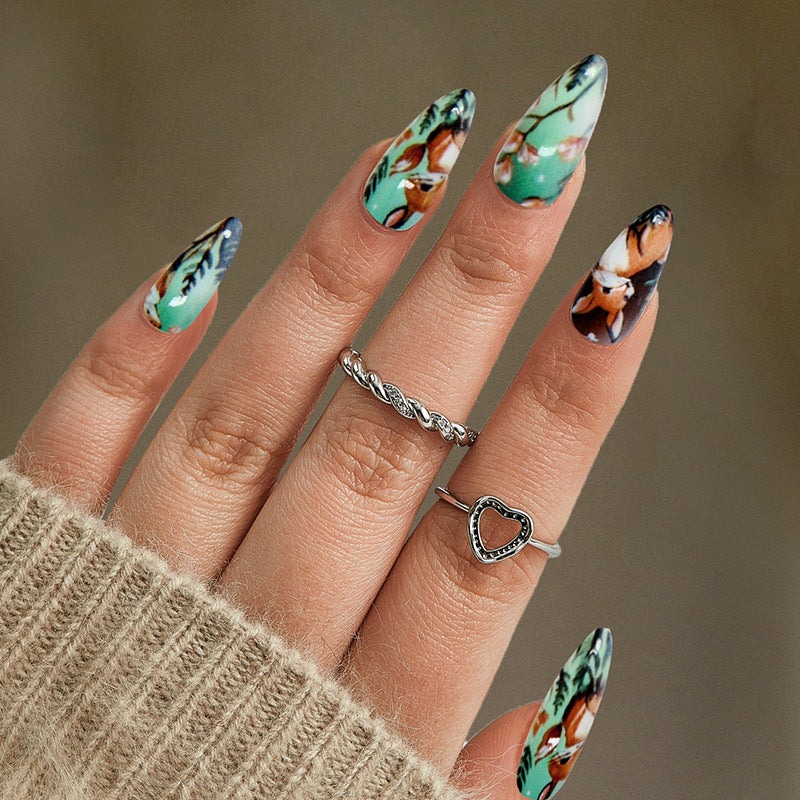 Enchanted Floral Medium Almond Green and Brown Press On Nail Set with Tropical Design