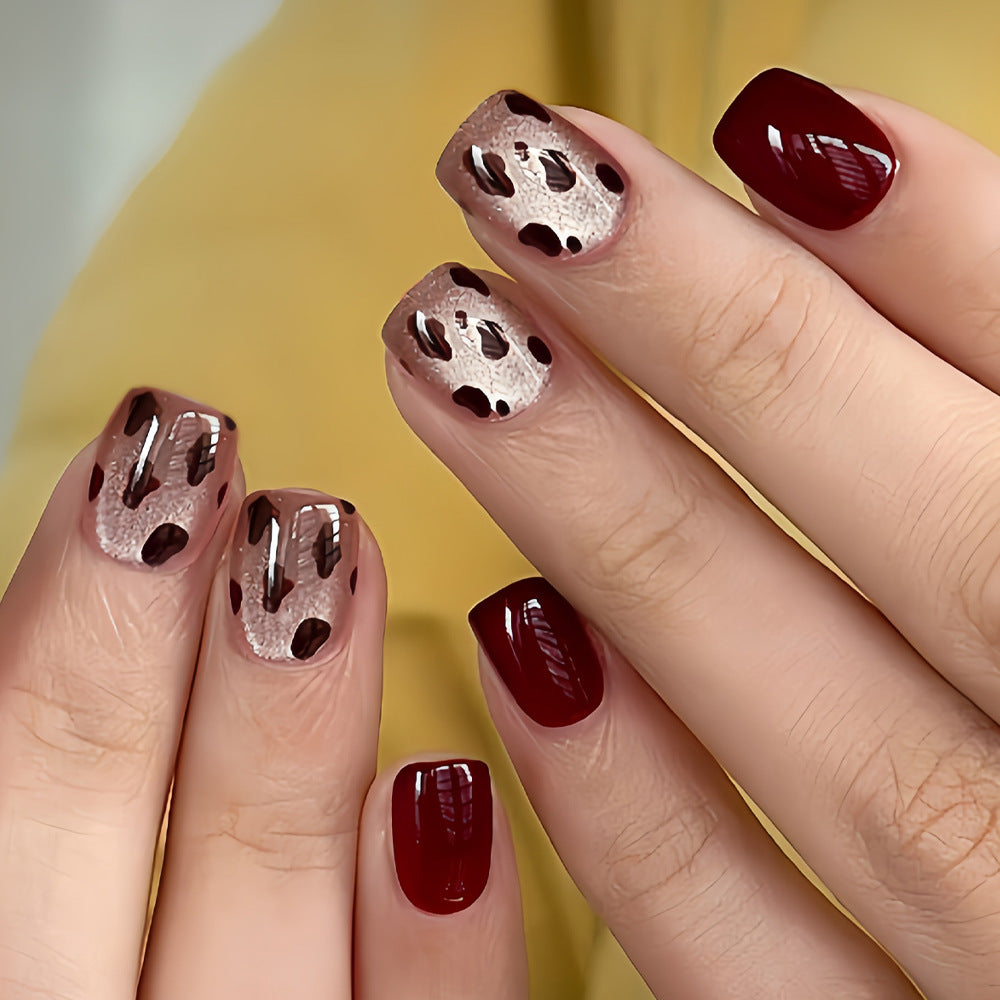 Elegant Wildfire Short Square Burgundy and Clear with Unique Animal Print Design Press On Nail Set