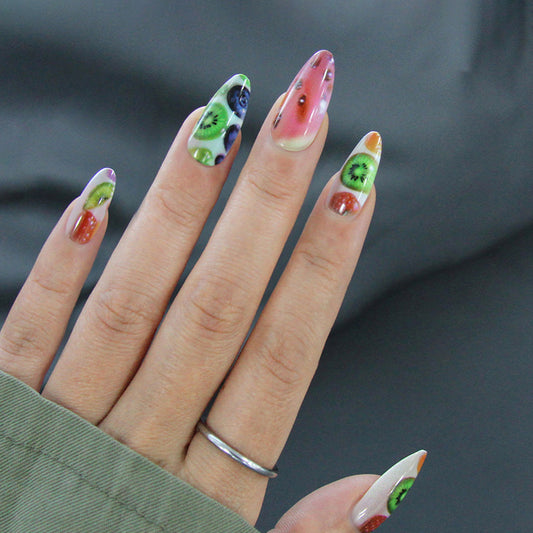 Fruit Fiesta Long Almond Multicolor Vibrant Fruit Illustrations Press On Nail Set