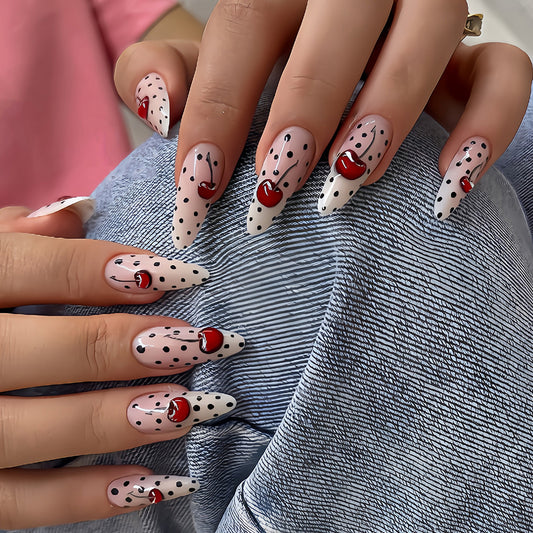 Cherry Bliss Long Almond Press On Nail Set in Elegant Long Shape with Classic White and Bold Red Color Featuring Playful Cherry Designs