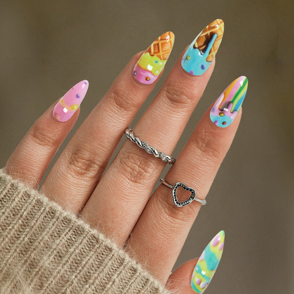 Sweet Treats Vibrant Medium Almond Sharp Multi-Colored Ice Cream Pattern Nail Set