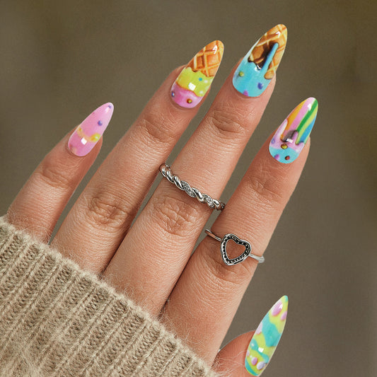 Sweet Treats Vibrant Medium Almond Sharp Multi-Colored Ice Cream Pattern Nail Set