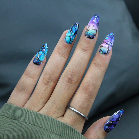 Galactic Radiance Medium Almond Blue and Purple Dreamy Marble Press On Nail Set