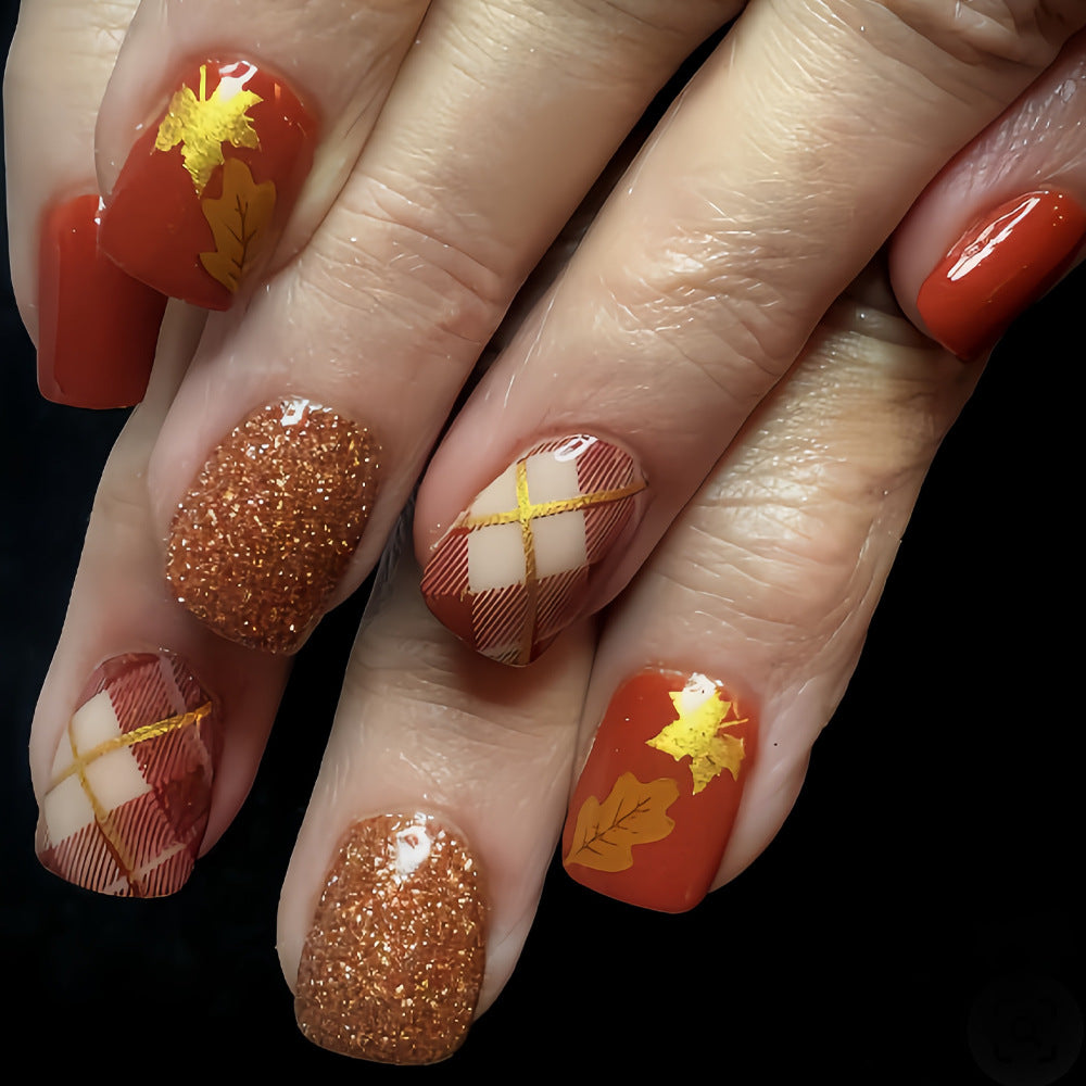 Autumn Delight Medium Square Rust Orange with Glitter and Leaf Accents Press-On Nail Set