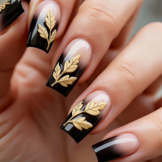 Autumn Elegance Medium Square Black Ombre Press On Nail Set with Gold Leaf Accents