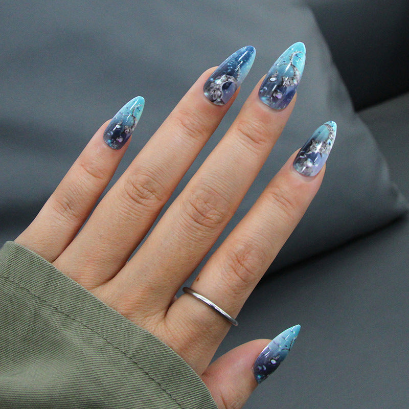Celestial Dream Medium Almond Gradient Blue Nail Set with Glittering Accents