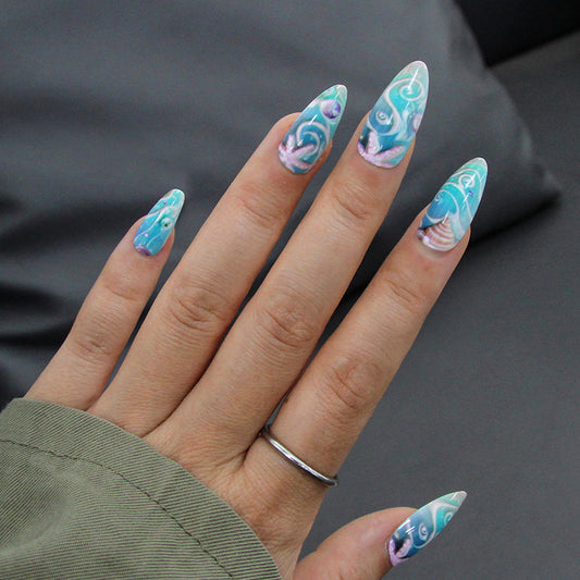 Oceanic Elegance Medium Almond Turquoise Artistic Design Press On Nail Set