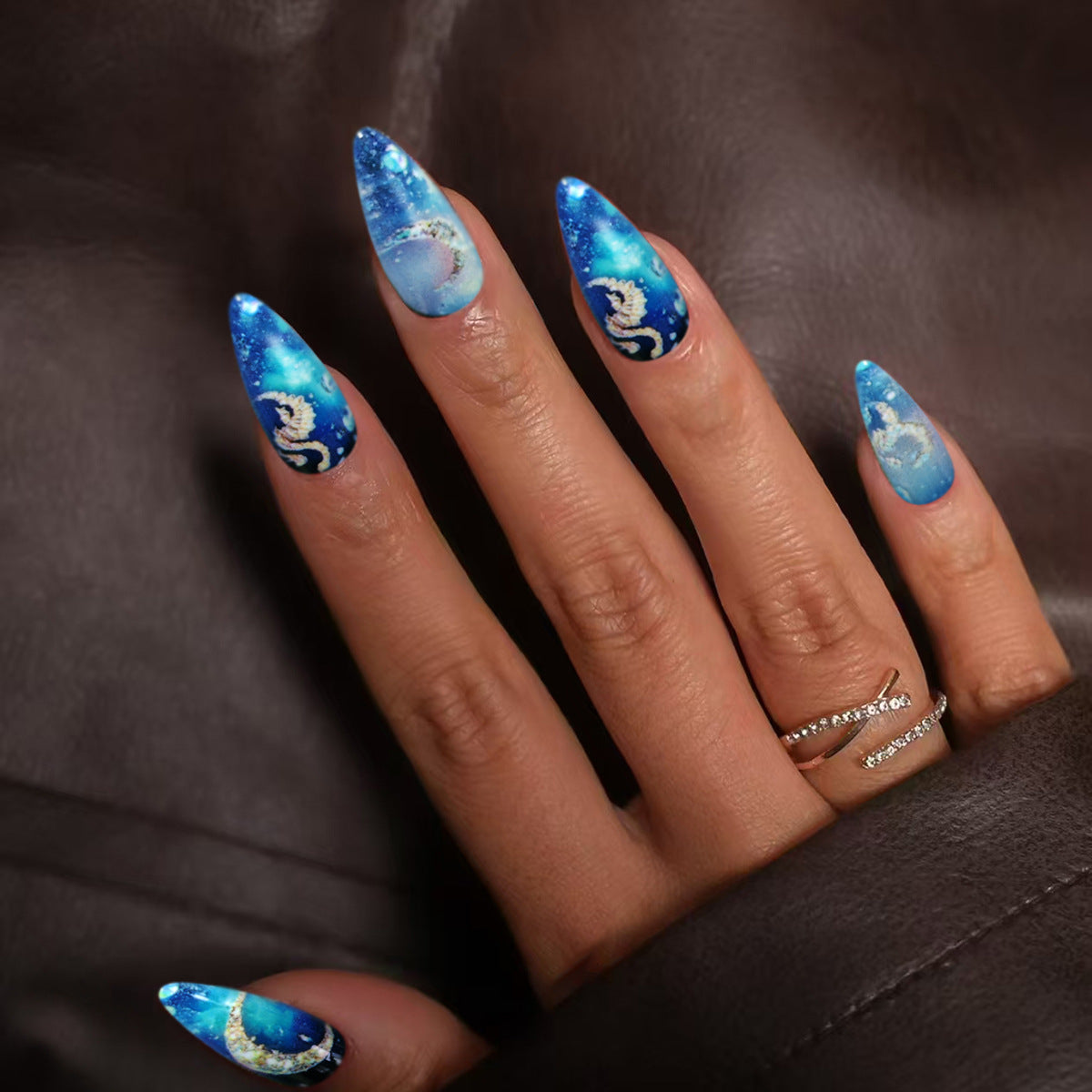 Oceanic Dream Inspired Medium Almond Glossy Blue Gradient Press On Nail Set with Unique Celestial Designs