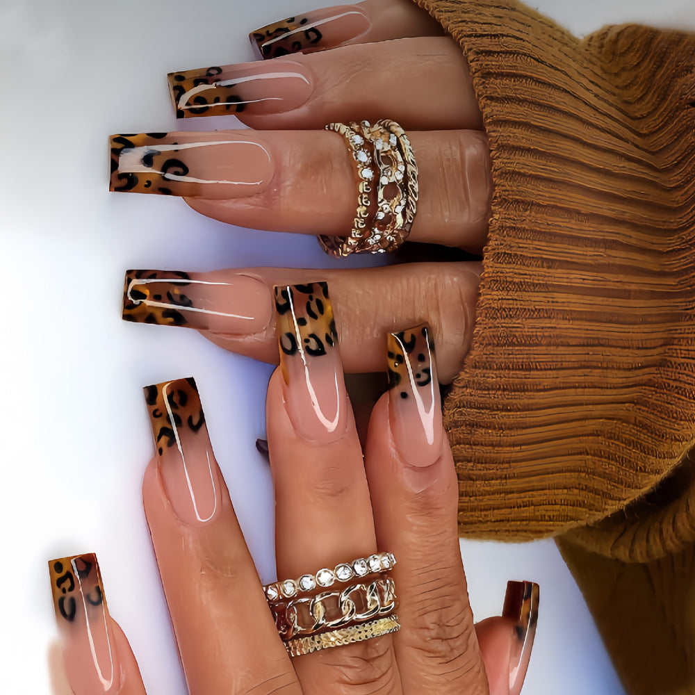 Wild Safari Glam Long Square Brown Leopard Print Press On Nail Set