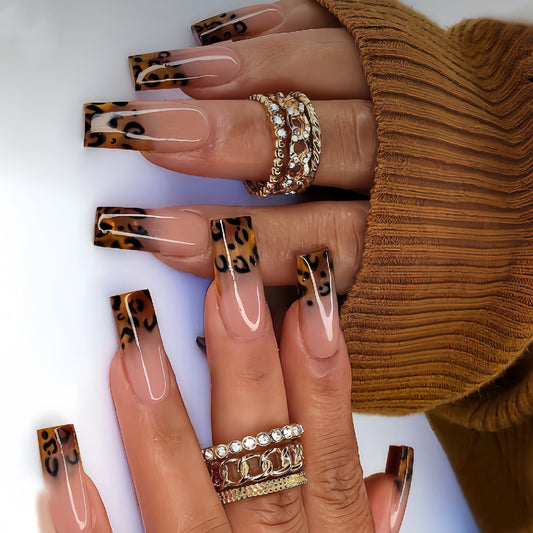 Wild Safari Glam Long Square Brown Leopard Print Press On Nail Set