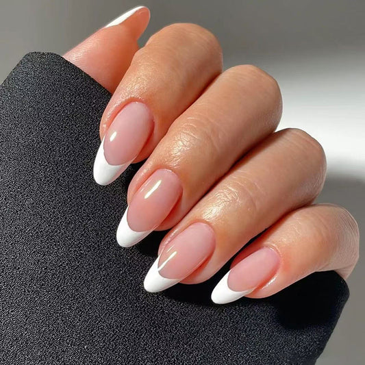 Elegant Winter Frost Medium Almond Transparent Pink with Chic White Tips Press-On Nail Set