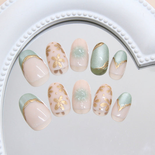 Botanical Bliss Short Oval Sage Green with Gold Floral Accents Press On Nail Set