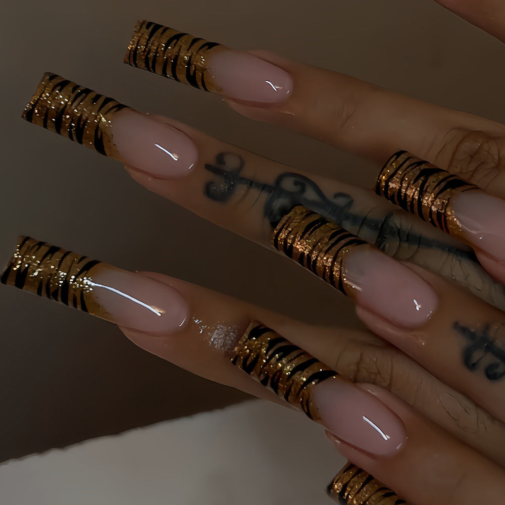 Savanna Chic Long Square Amber and Black Tiger Striped Glossy Press On Nail Set