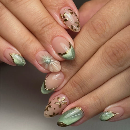 Botanical Bliss Short Oval Green and Beige Press-On Nail Set with Gold Leaf Accents