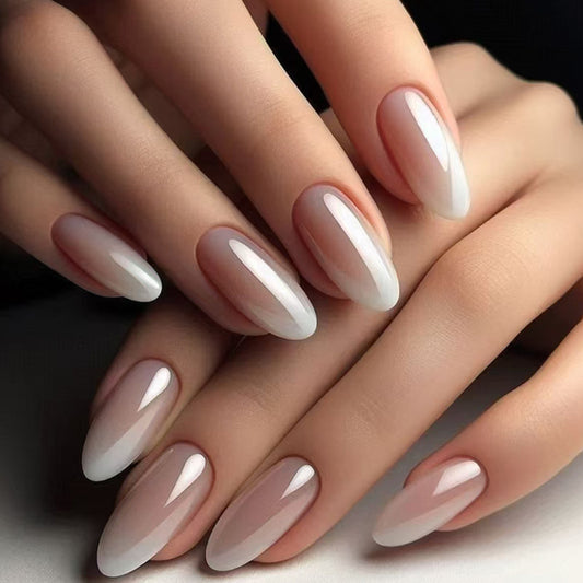 Ethereal Elegance Medium Almond Ombre White with Glossy Finish Press On Nail Set