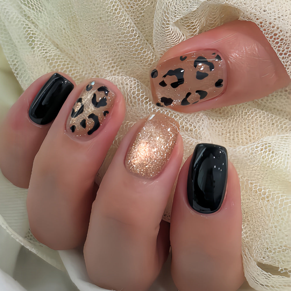 Wild Safari Glamorous Short Square Black and Gold Leopard Print Press on Nail Set