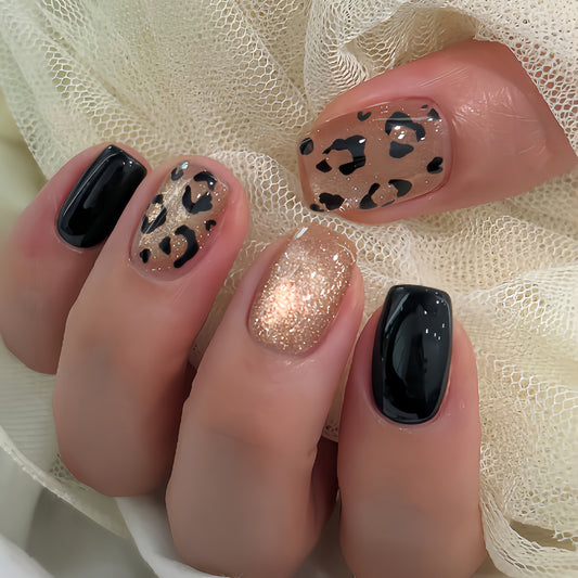 Wild Safari Glamorous Short Square Black and Gold Leopard Print Press on Nail Set