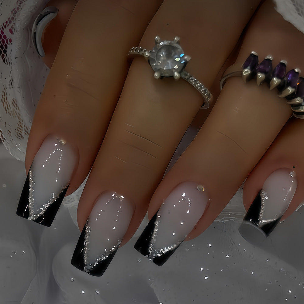 Glamorous Elegance Medium Square Black and White Gradient Press-On Nail Set with Sparkling Rhinestones