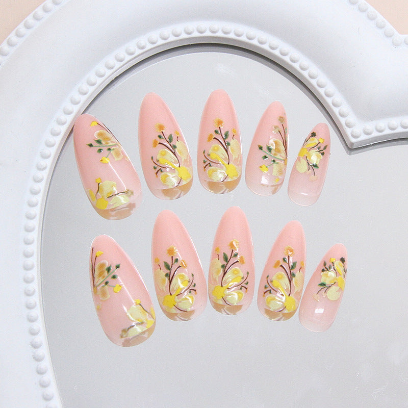 Floral Dream Spring Inspired Medium Almond Pink Press On Nail Set with Delicate Yellow Flower Art