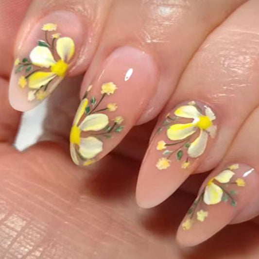 Blossoming Garden Medium Almond Peach Press On Nail Set with Hand-Painted Floral Design