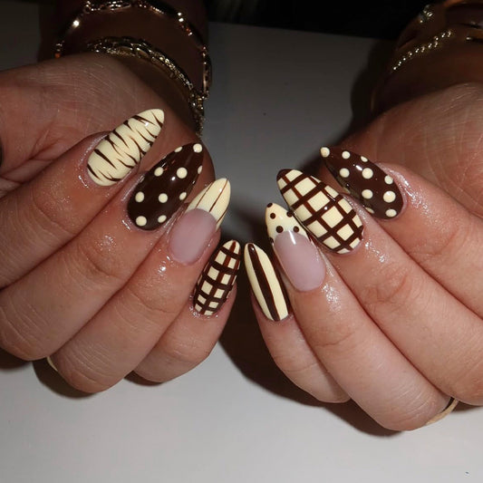 Chocolate Indulgence Long Almond Shaped Brown and Cream Press On Nail Set with Unique Pattern Details