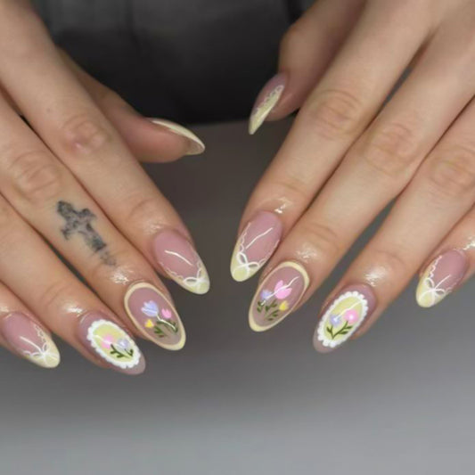Floral Elegance Medium Almond Pink and Yellow with Delicate Flower Accents Press-On Nail Set