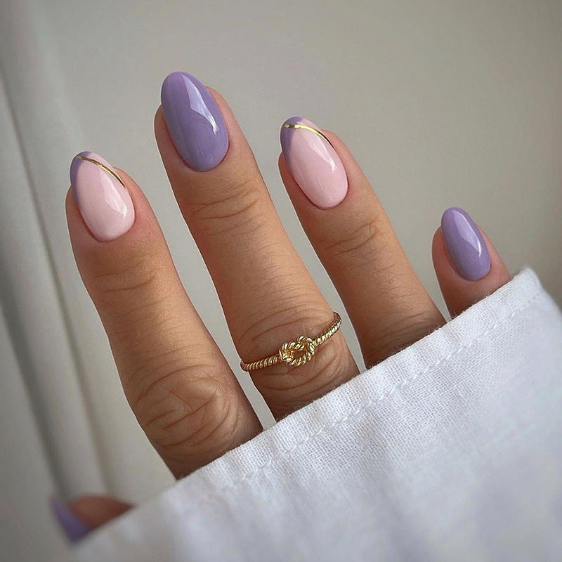 Charming Blossom Elegant Short Almond Lavender and Pink Dual Tone with Golden Accent Press On Nail Set
