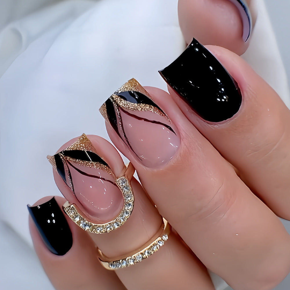 Glamorous Elegance Short Square Black and Beige Press On Nail Set with Gold Line Art Design