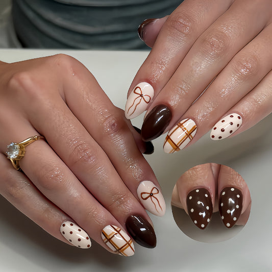 Choco Delight Medium Almond Shaped Coffee Brown and Cream Press On Nail Set with Unique Bow Accent