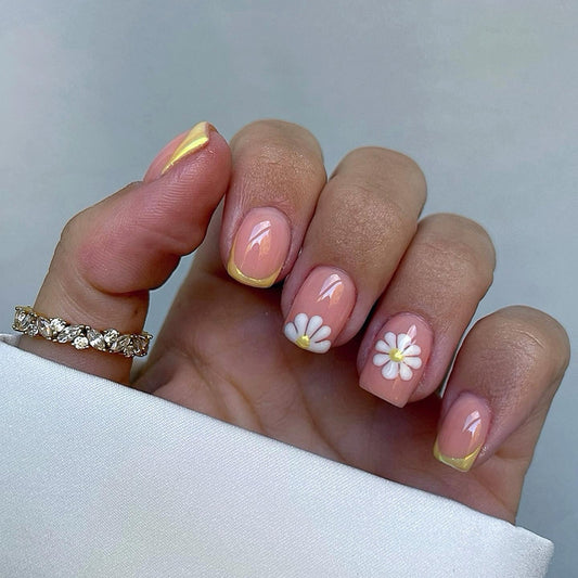 Whimsical Daisy Delight Long Square Pink with Yellow Tips and Floral Accents Press-On Nail Set