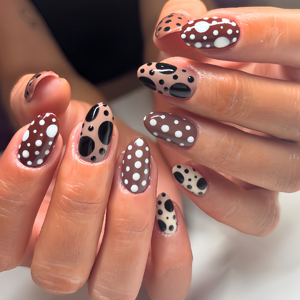 Chic Polka Dot Medium Almond Press-On Nail Set in Brown Black and White with Unique Textured Finish