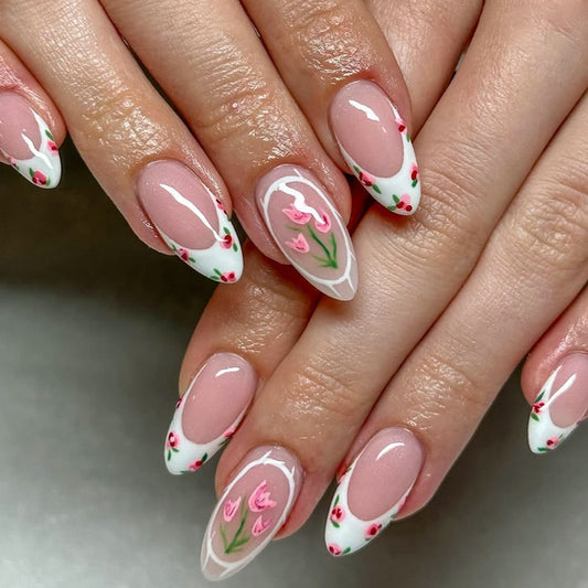 Blossom Elegance Medium Almond Pink and White Nails with Floral Art Design