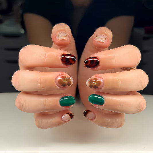 Bohemian Chic Glossy Short Oval Green and Brown Press Nail Set with Unique Floral Accents