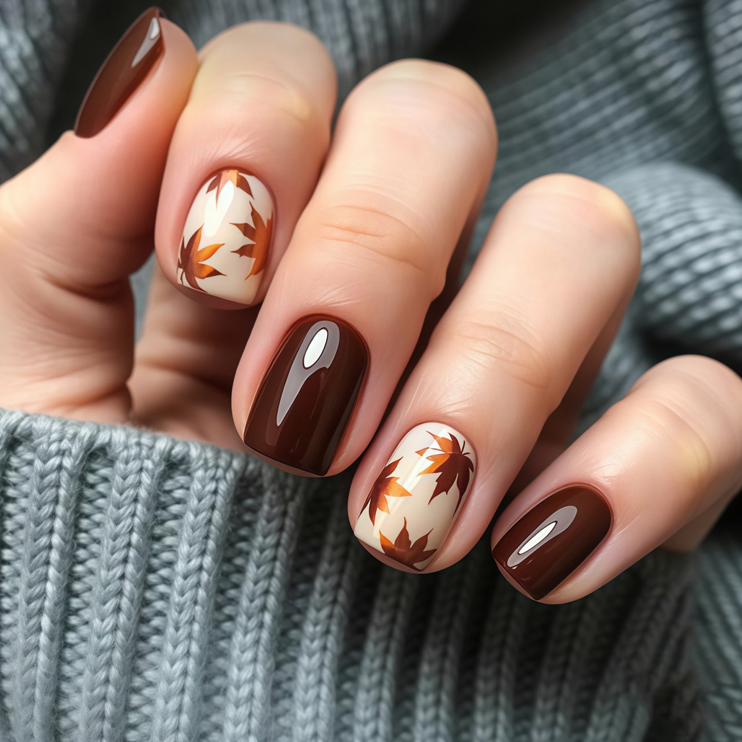 Autumn Harmony Short Square Brown and Beige with Leaf Design Press-On Nail Set