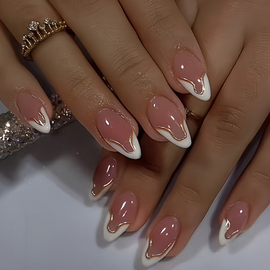 Glamorous Elegance Long Almond Shaped Blush Pink Press On Nail Set with Chic White Tip Design