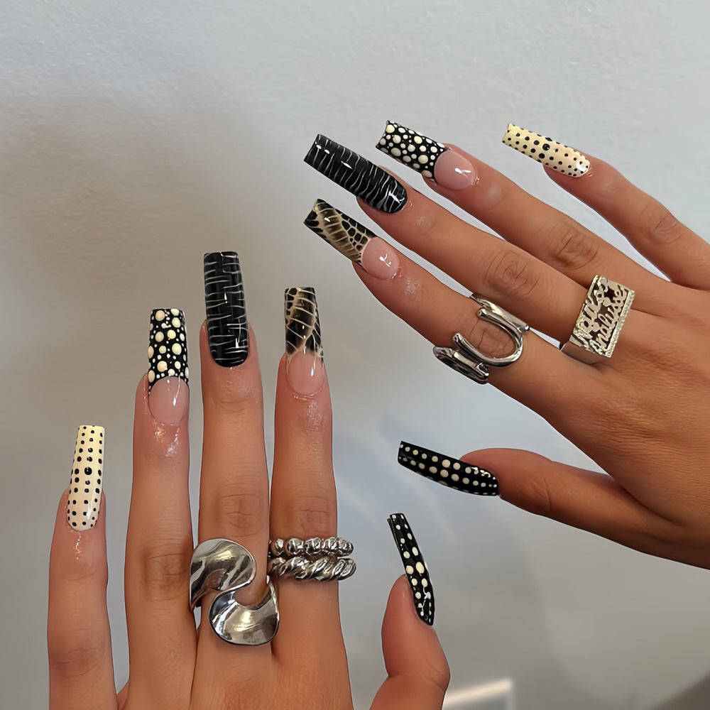 Chic Noir Elegant Long Square Black and White Polka Dot Press On Nail Set