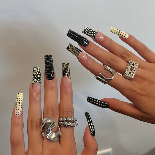 Chic Noir Elegant Long Square Black and White Polka Dot Press On Nail Set