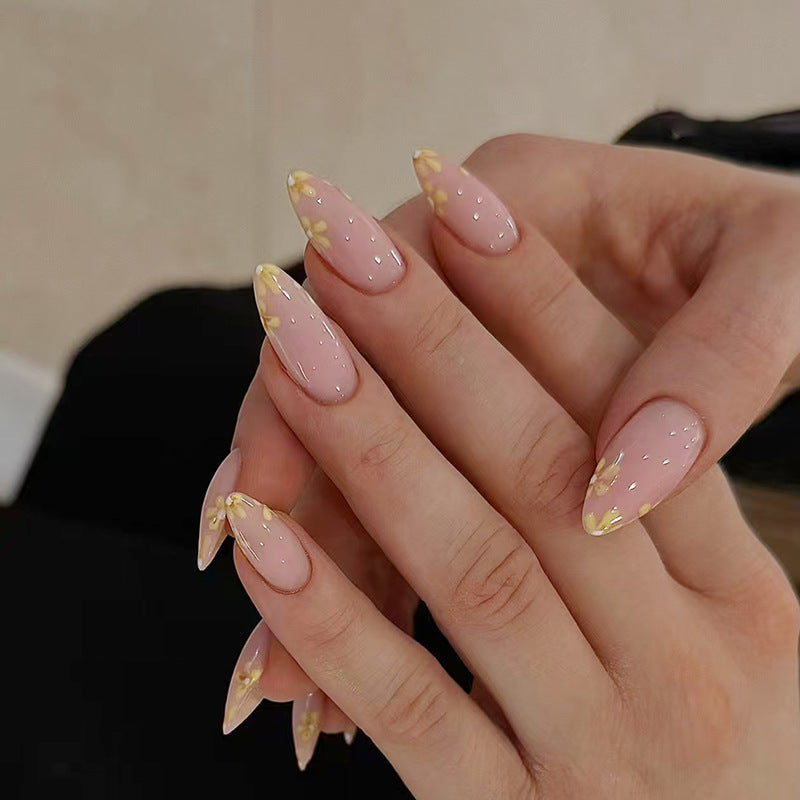 Floral Elegance Medium Almond Pink Press On Nail Set with Delicate Yellow Flower Accents