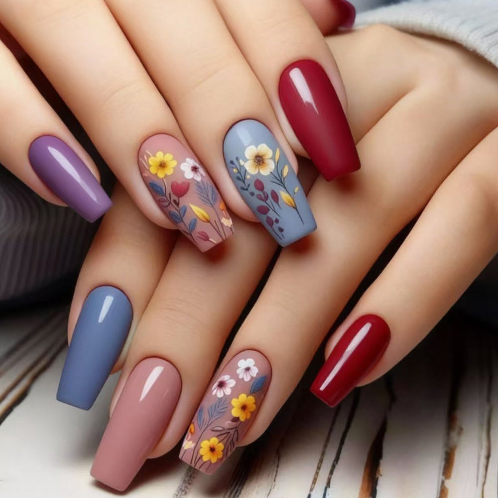 Floral Elegance Long Square Vibrant Multicolor with Artistic Floral Designs Press On Nail Set