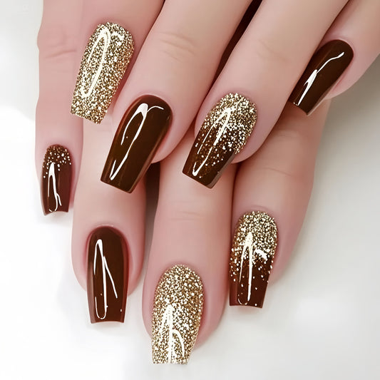 Glamorous Chic Long Square Brown and Gold Glitter Press On Nail Set
