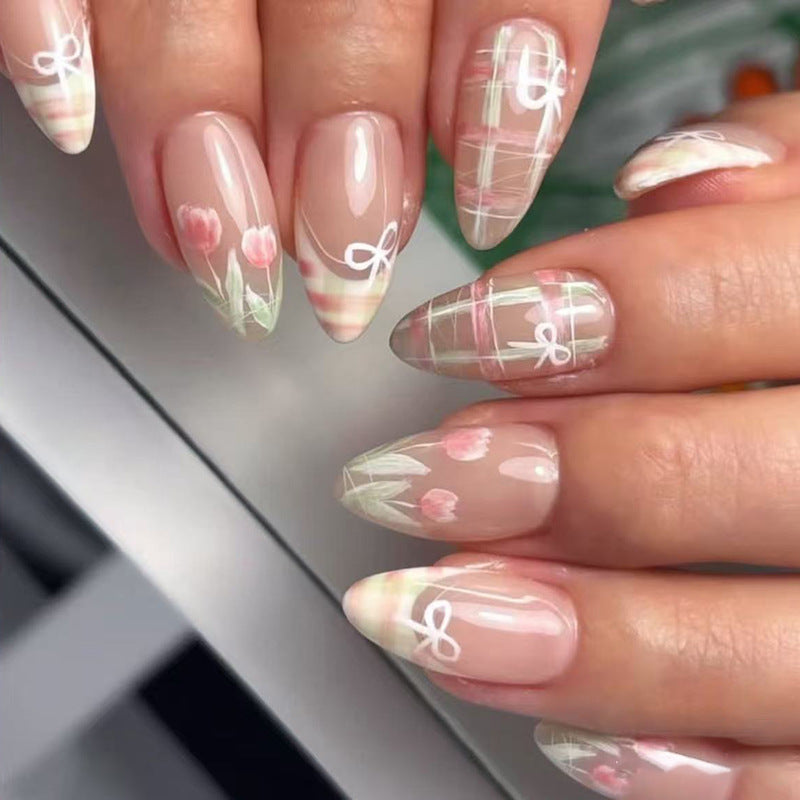 Floral Delight Medium Almond Pink Ombre with Beautiful Ribbon Designs Press On Nail Set