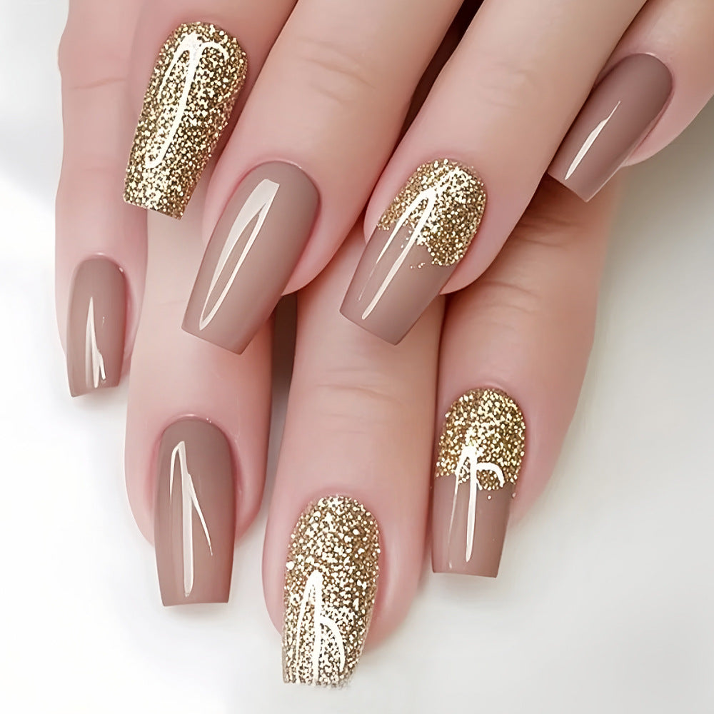 Glamorous Elegance Long Square Beige Nails with Glitter Accent for a Dazzling Touch